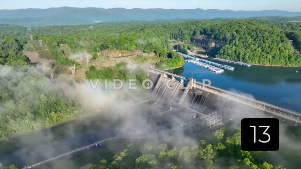 CLIP 13 - Tennessee landscape with Norris Dam and reservoir with light fog