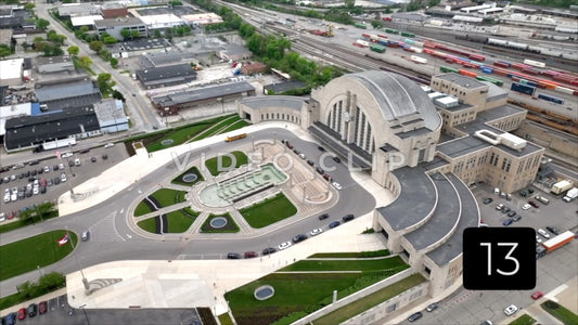 CLIP 13 - Cincinnati, Ohio aerial rotation above Cincinnati Union Terminal art deco architecture