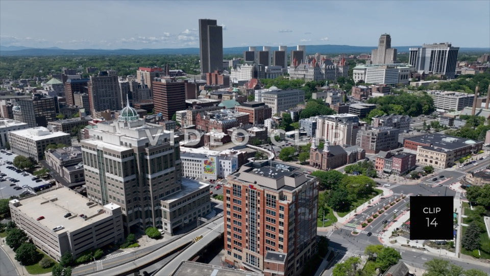 CLIP 14 - Albany, NY aerial view of downtown from over Hudson River
