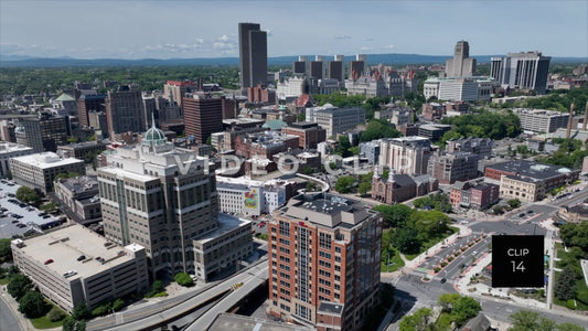 CLIP 14 - Albany, NY aerial view of downtown from over Hudson River