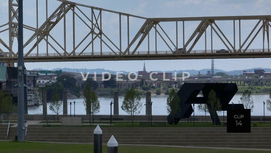 CLIP 14 - Louisville, KY Clark Memorial Bridge with contemporary sculpture in public park