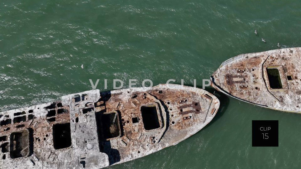 CLIP 15 - Kiptopeke Concrete Ships, VA aerial rising above ships