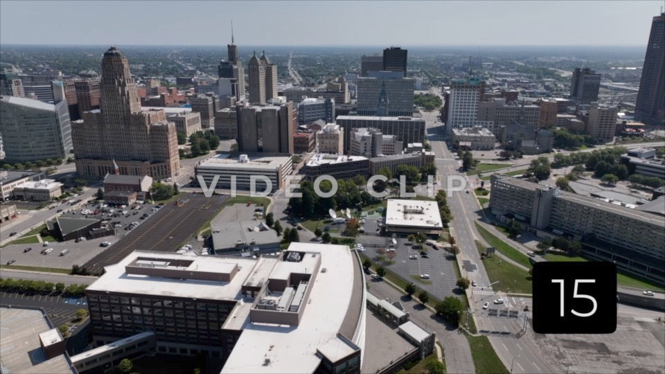 CLIP 15 - Buffalo, NY aerial of city skyline in morning sunlight