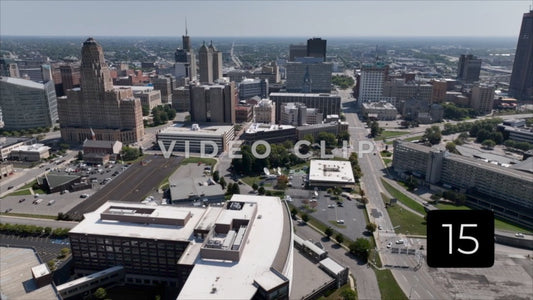 CLIP 15 - Buffalo, NY aerial of city skyline in morning sunlight