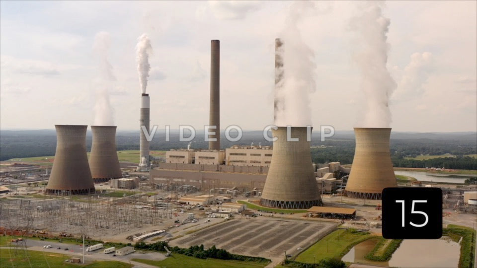 CLIP 15 - Plant Bowen, GA electric power plant cooling towers releasing steam and emissions into atmosphere