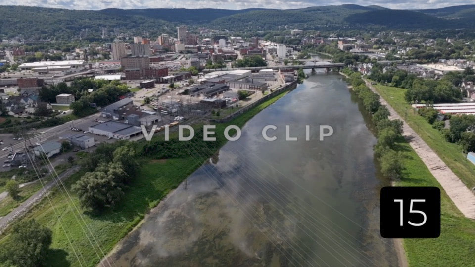 CLIP 15 - Binghamton, NY aerial flight over Susquehanna River with downtown view