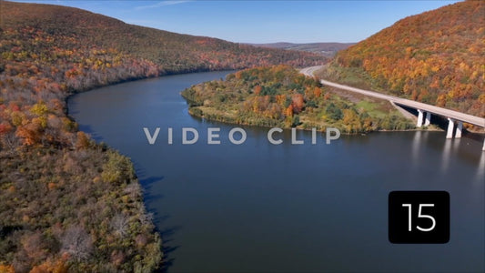 CLIP 15 - Tioga Dam and Reservoir, PA big view of reservoir while cars drive over bridge