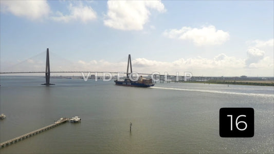 CLIP 16 - Charleston, SC flying over fishing docks to Arthur Ravenel Jr. Bridge
