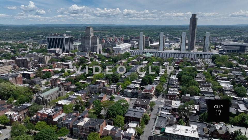 CLIP 17 - Albany, NY flying over urban neighborhood towards downtown