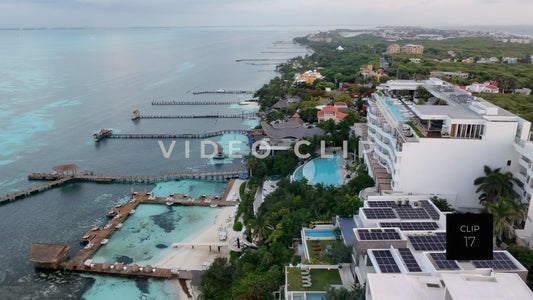 CLIP 17 - Isla Mujeras, Mexico coastline docks and resort at sunrise