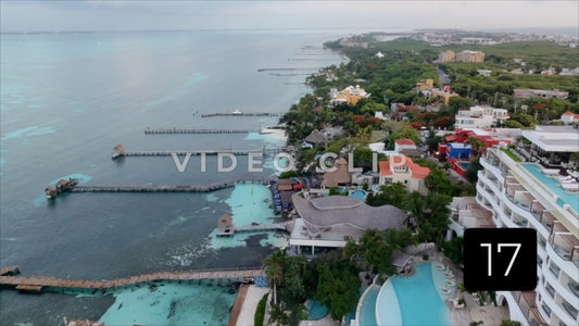 CLIP 17 - Isla Mujeras, Mexico coastline docks and resort at sunrise