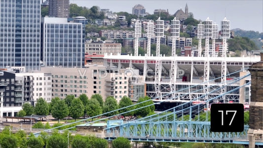 CLIP 17 - Cincinnati, Ohio zoom view of stone bridge with stadium and office buildings