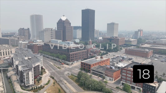 CLIP 18 - Rochester, NY Vol. 8 - Close aerial approach to downtown as Canadian wildfire smoke blows over