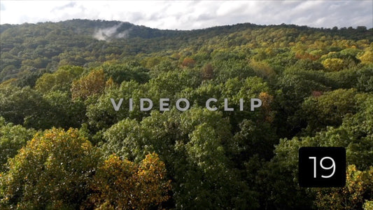 CLIP 19 - Ohiopyle, PA rising up slowly past trees to reveal mountain landscape with mist