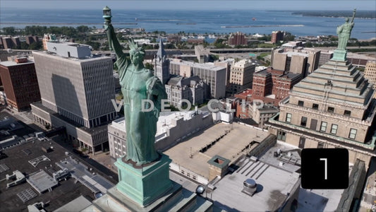 CLIP 1 - Buffalo, NY aerial close up of Liberty Building statue of liberty
