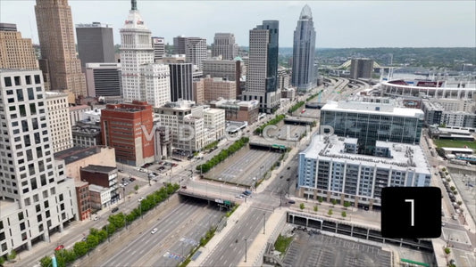 CLIP 1 - Cincinnati, Ohio city skyline with office buildings and interstate traffic