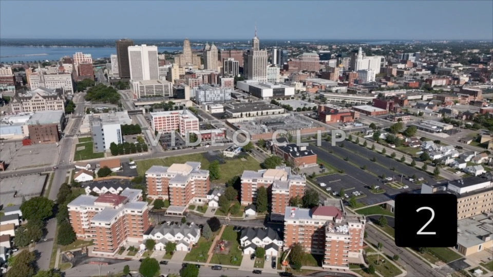 CLIP 2 - Buffalo, NY aerial flight over neighborhoods and office buildings toward downtown