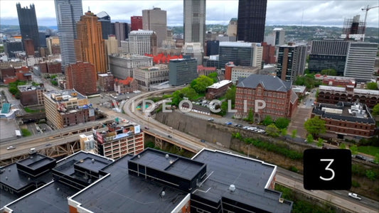 CLIP 3 - Pittsburgh, PA Vol. 2 - city skyline aerial looking over buildings to see downtown traffic