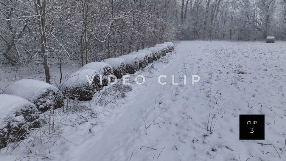 CLIP 3 - Gentle snow falls on hay bales in pasture during Winter