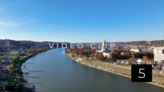 CLIP 5 - Charleston, WV rising up over Kanawha river to reveal capital building and downtown