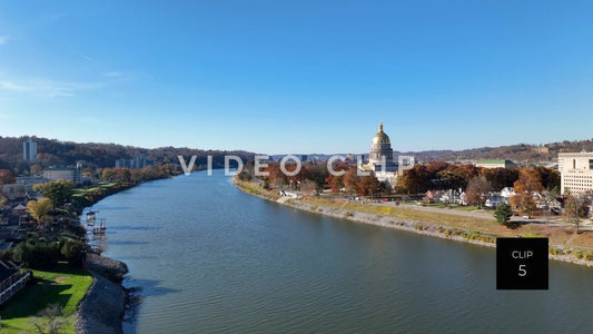 CLIP 5 - Charleston, WV rising up over Kanawha river to reveal capital building and downtown