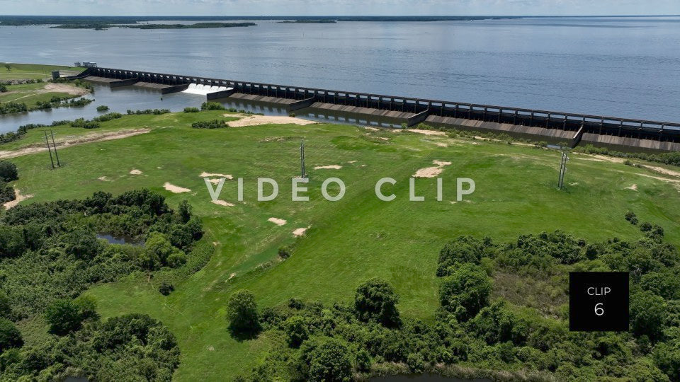 Stock video CLIP 6 - Lake Marion, SC aerial turning slowly to reveal Santee River Dam