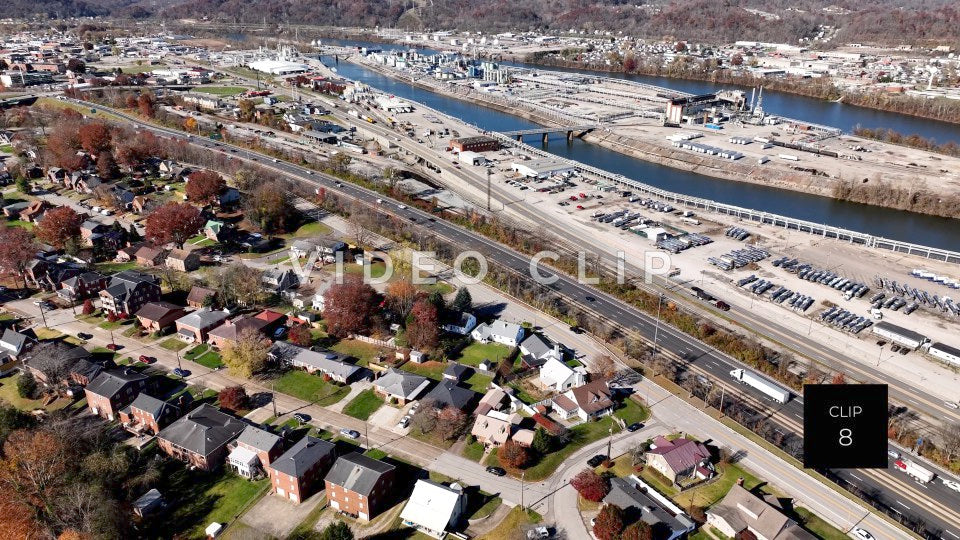 CLIP 8 - Charleston, WV aerial view of Blaine Island, highway and neighborhood