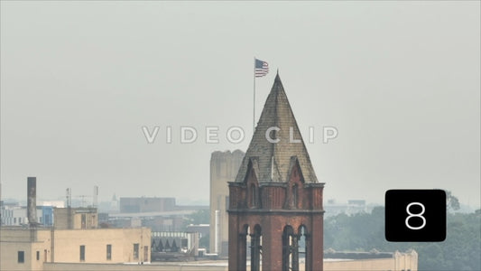 CLIP 8 - Rochester, NY Vol. 8 - Rising up in front of Church to reveal Sears building as Canadian wildfire smoke hovers over city
