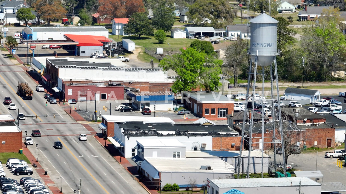 4k Still Frame - Hemingway, SC drone view of downtown with old watertower and logging truck