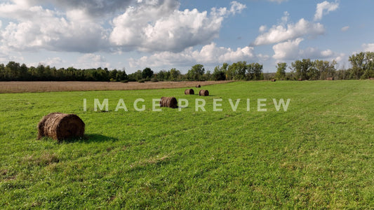 stock photo hay bales in green field 