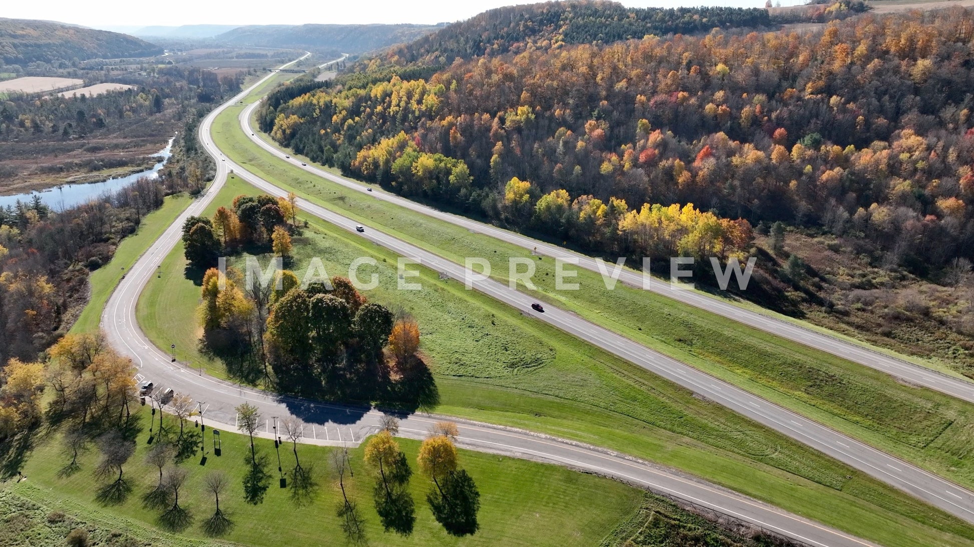 stock photo traveling on interstate with countryside in fall