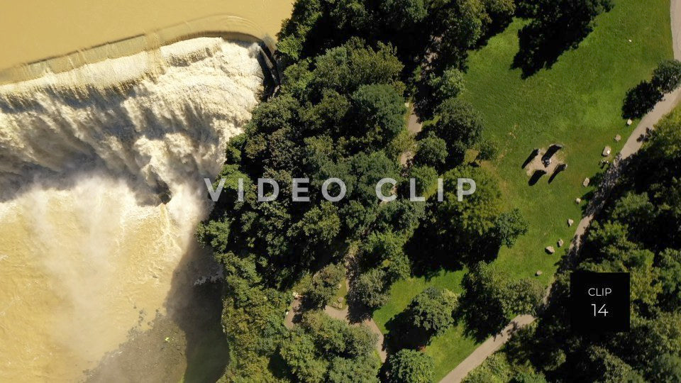 CLIP 14 - Rochester, NY aerial view of Lower Falls Park next to waterfall