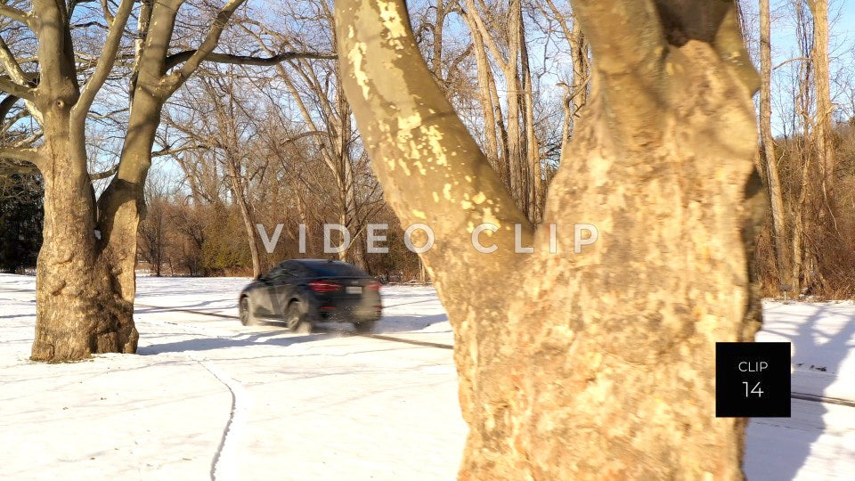 CLIP 14 - Car drives past tree orchard in snow at Winter Ellison Park, NY