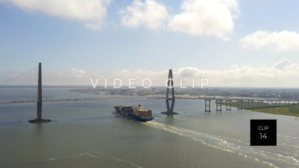 CLIP 14 - Charleston, SC Cargo ships passing under Arthur Ravenel Jr. Bridge