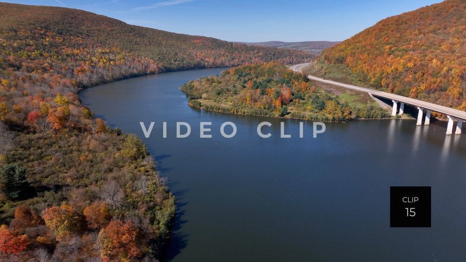 CLIP 15 - Tioga Dam and Reservoir, PA big view of reservoir while cars drive over bridge