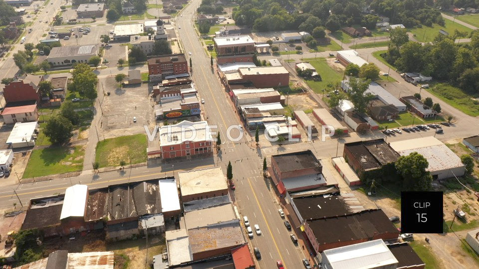 CLIP 15 - Hawkinsville, GA aerial of city streets with business and shops