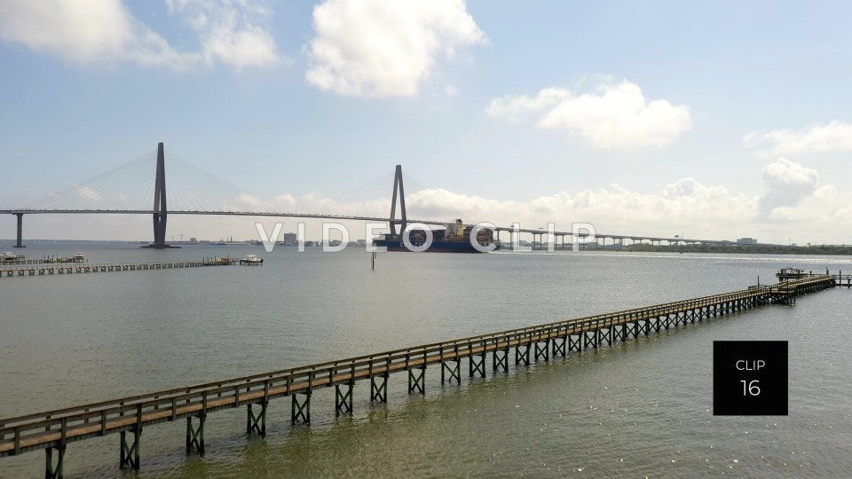 CLIP 16 - Charleston, SC flying over fishing docks to Arthur Ravenel Jr. Bridge