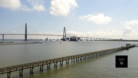 CLIP 16 - Charleston, SC flying over fishing docks to Arthur Ravenel Jr. Bridge