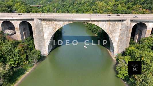 CLIP 16 - Rochester, NY Veterans Memorial Bridge lowering down to view arch over Genesee river