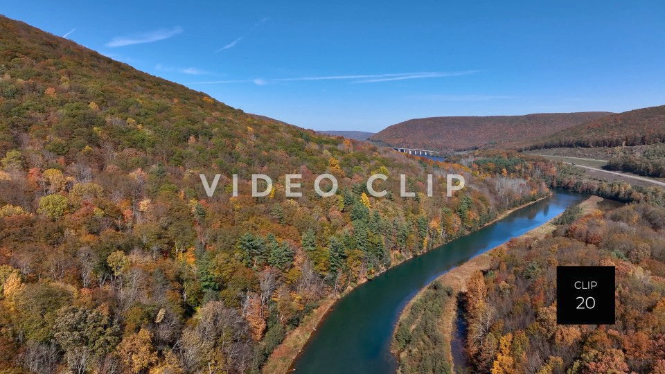 CLIP 20 - Tioga Dam and Reservoir, PA big view aerial of mountainside and reservoir bridge in distance