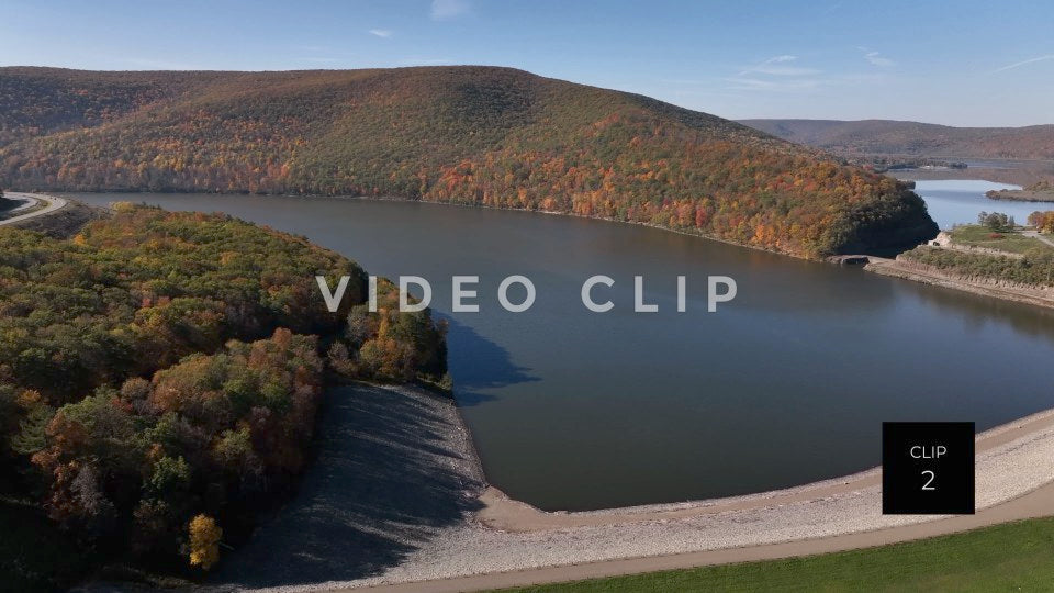 CLIP 2 - Tioga Dam and Reservoir, PA aerial view of reservoir and mountain