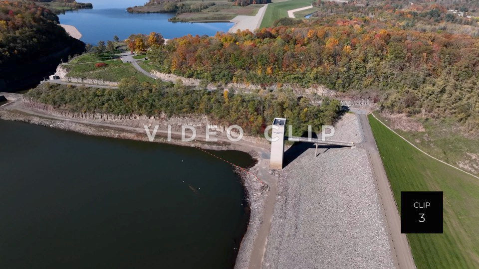 CLIP 3 - Tioga Dam and Reservoir, PA flying over earthen dam