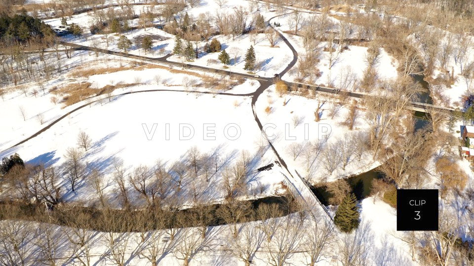 CLIP 3 - Winter in Ellison Park, NY with bridge crossing Irondequoit creek