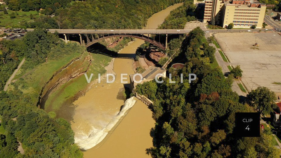 CLIP 4 - Rochester, NY aerial over Lower Falls Park with view of gorge and bridge