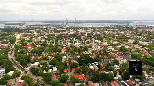 CLIP 6 - Charleston, SC flying over urban neighborhood with homes and street traffic