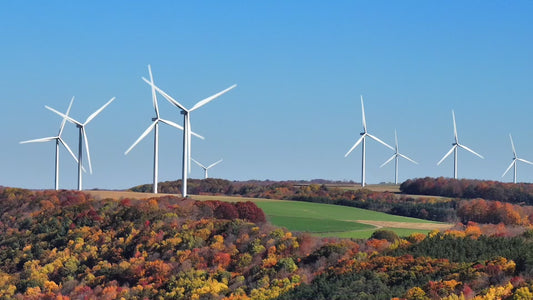 Video - Wind turbines spinning on hillside during Autumn season
