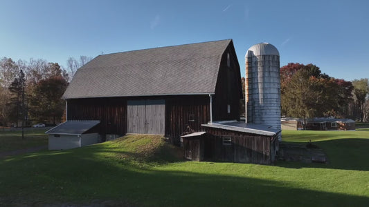 Video - Red barn with silo in small town